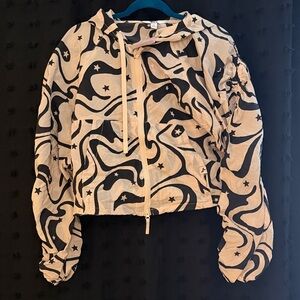 JoyLab Black & Beige Star Swirl Cropped Bomber Jacket